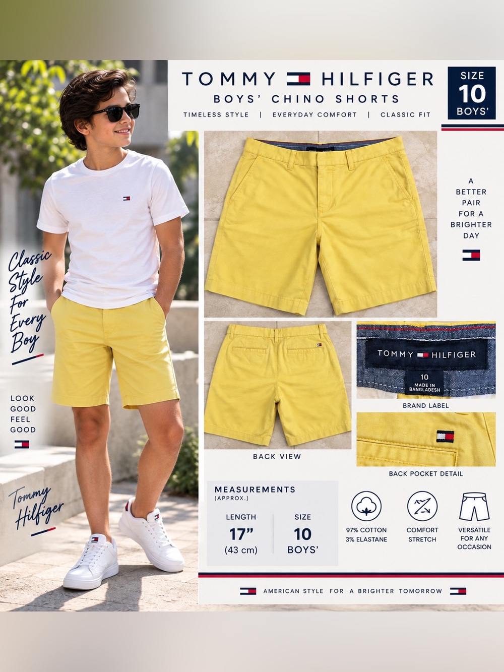 Tommy Hilfiger Men’s Yellow Chino Shorts Classic Fit 10" Inseam Stretch Zip